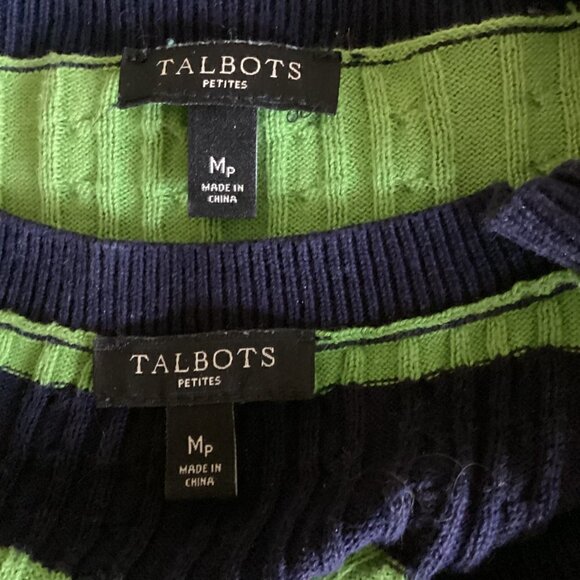 Talbots Cotton Cardigan Twinset Cable Knit Striped Sz PM Navy Blue & Green 91Q - Picture 9 of 10